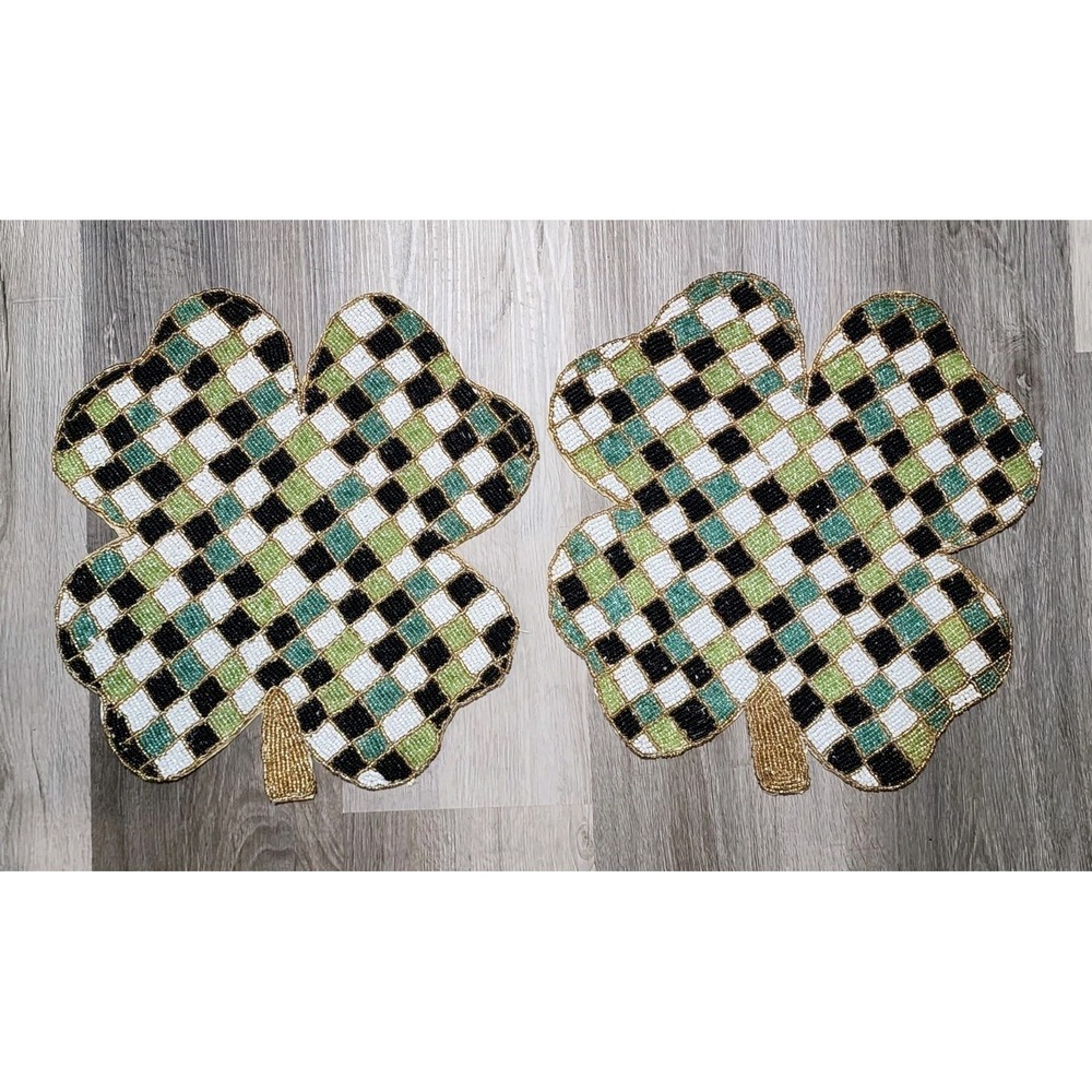 St Patricks Day Irish Checkered Shamrock Clover Beaded Charger Placemat 15" 2 Pc